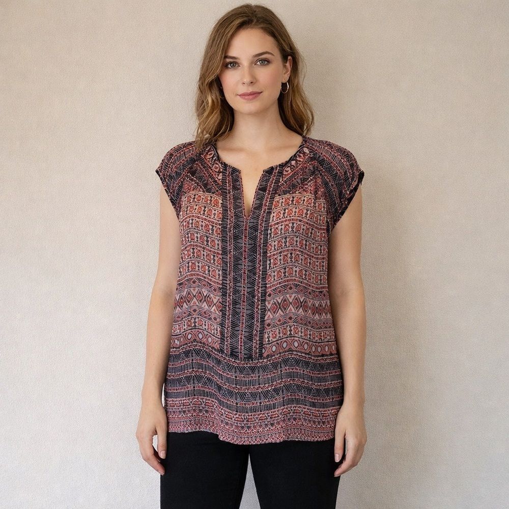 NIC+ZOE Tunic top sleeveless Patterned Tangerine orange black cream Medium